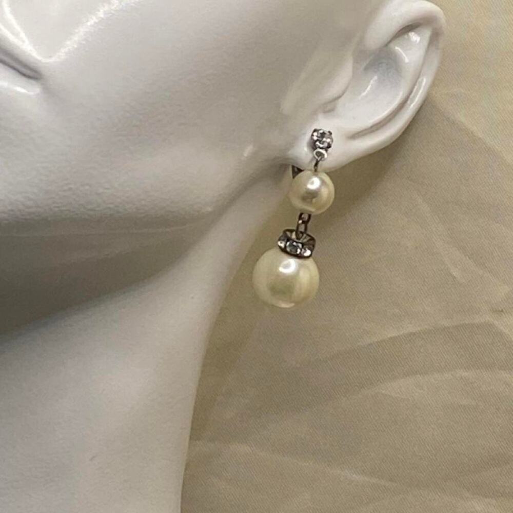 Vintage Faux Pearl Rhinestone Double Drop Earrings Silver Tone Pierced